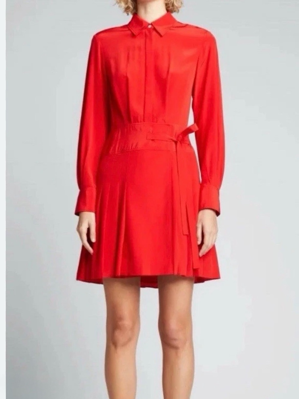 Jason Wu Vibrant Red Long-Sleeve Shirt Dress with Waist Tie-silk